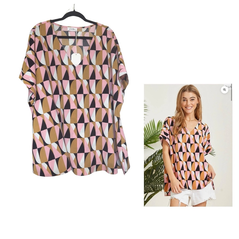V-Neck Geometric Tunic Top - Pink Tan Black - Modern Casual
